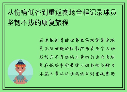 从伤病低谷到重返赛场全程记录球员坚韧不拔的康复旅程