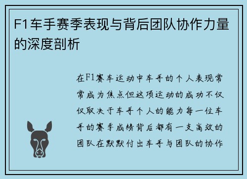 F1车手赛季表现与背后团队协作力量的深度剖析
